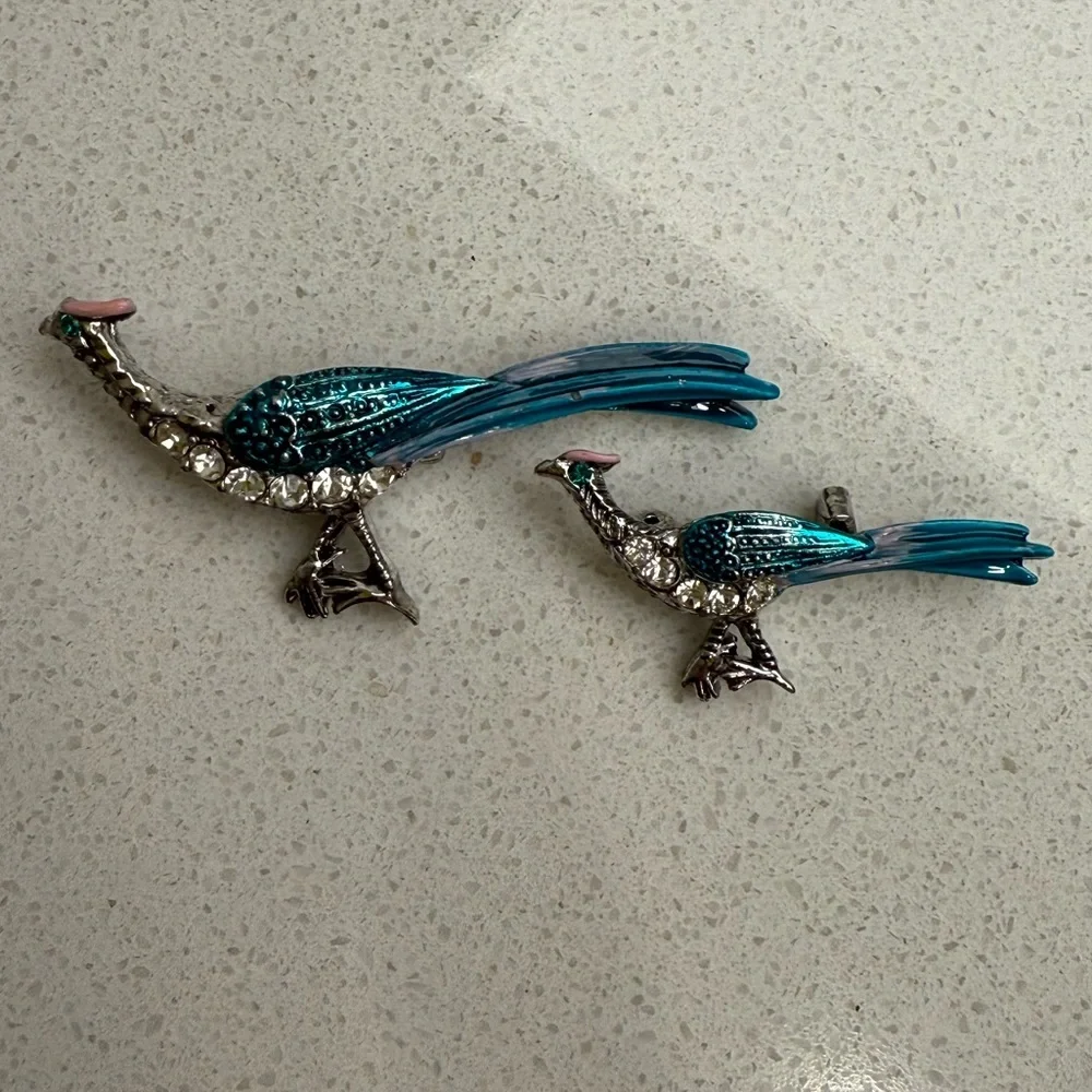 Vintage Pheasant Bird Brooches Pins Set of 2 Silver Tone Enamel Rhinestones